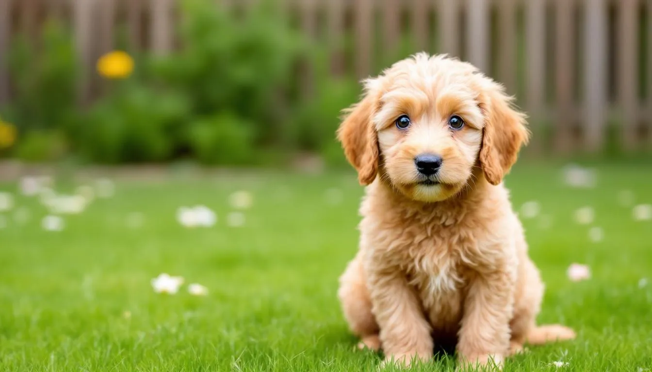 A goldendoodle puppy with a wavy coat is sitting in a grassy yard, showcasing its playful demeanor. This mixed breed, known for its low shedding and designer breed qualities, has a soft, curly coat that is characteristic of its poodle parent.