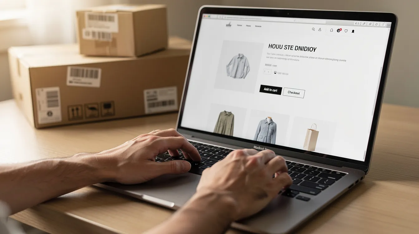 Die Nahaufnahme zeigt Hände, die an einem Laptop online einkaufen, während im Hintergrund mehrere Pakete zu sehen sind. Diese Szene vermittelt das Einkaufserlebnis auf Plattformen wie eBay, wo Käufer von Vorteilen wie kostenloser Rückversand und attraktiven Plus-Angeboten profitieren können.