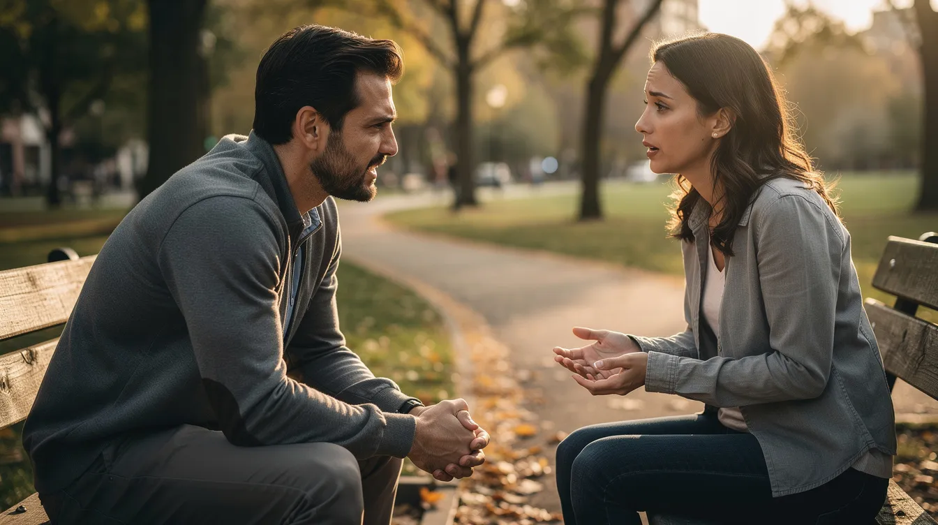 A couple sits closely on a park bench, engaged in a meaningful dialogue about their relationship, demonstrating mutual respect through their body language and eye contact. They appear focused and connected, discussing relationship problems with the intention of strengthening their bond and improving their communication skills.