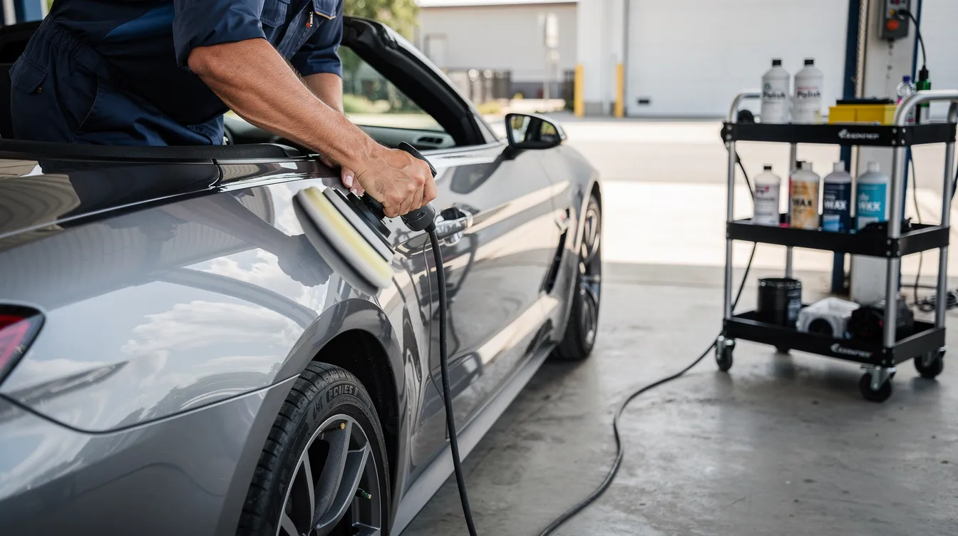 527ec71a 071e 489f a9f3 970dbd019679 The image depicts a modern car being meticulously detailed at a clean outdoor service station, with polishing equipment in use. This scene highlights a potential profitable business venture in the automotive cleaning services sector, appealing to both residential and commercial clients.