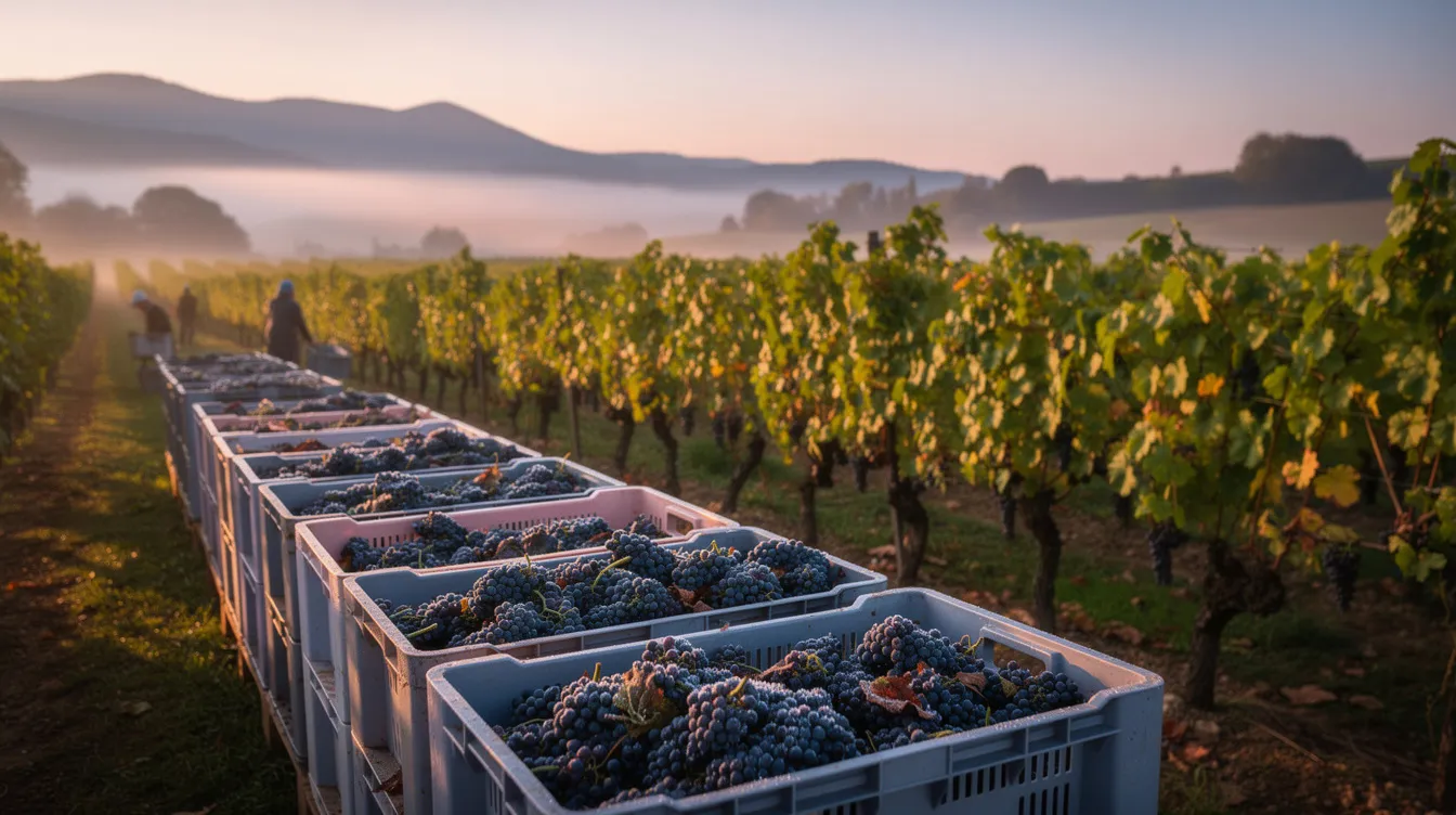 The image depicts an early morning harvest scene with grape bins neatly arranged alongside vineyard rows, bathed in the soft light of dawn. The vineyard showcases various grape varieties, including red and white grapes, as they begin the ripening process, marking an important moment in the winemaking journey.
