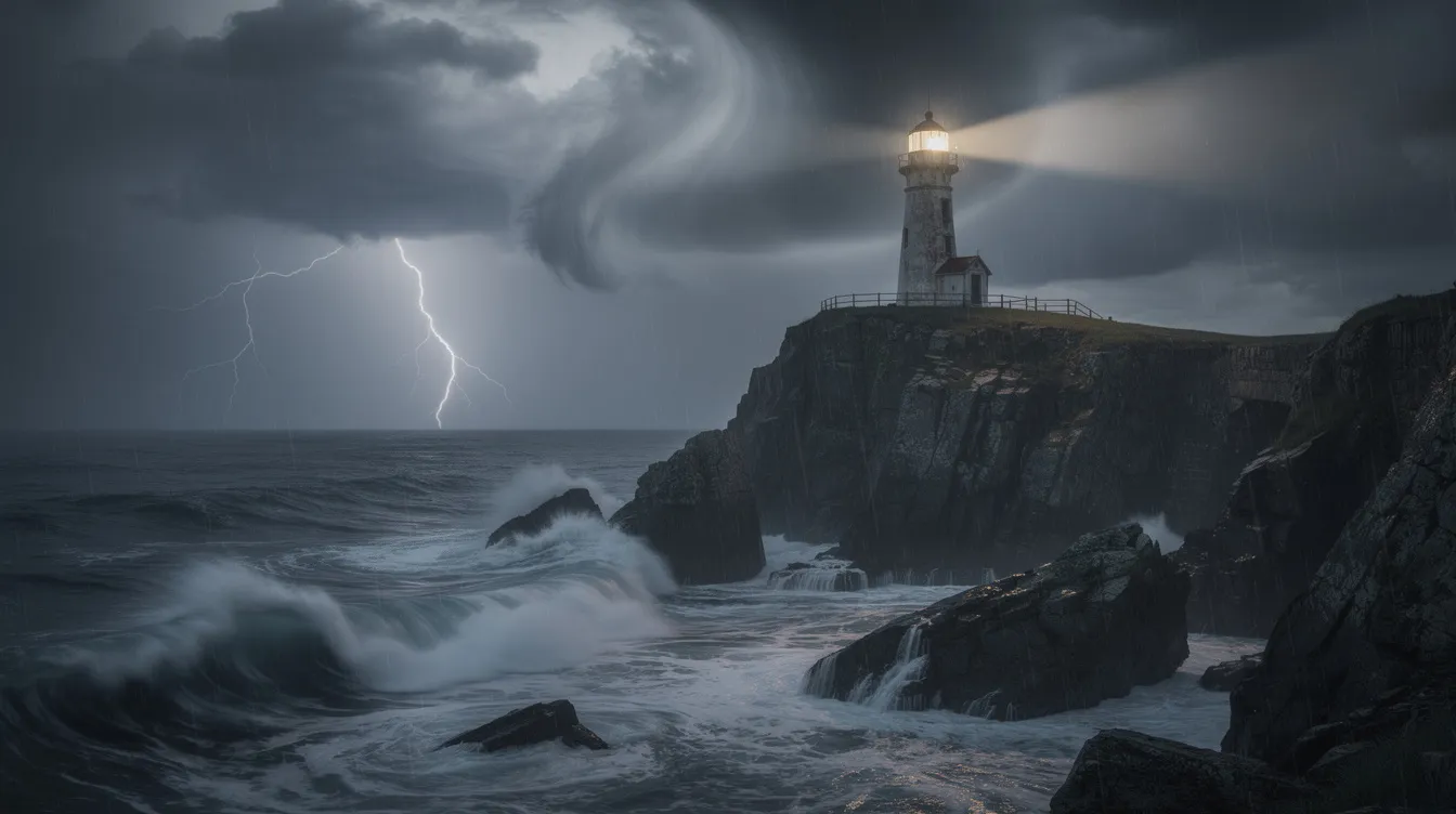 Ein düsterer Leuchtturm thront majestätisch auf einer Klippe, während stürmisches Wetter das aufgewühlte Meer im Hintergrund in wildem Aufruhr zeigt. Dramatische Wolken formen sich am Himmel und verleihen der Szene eine geheimnisvolle Atmosphäre, die an die spannungsgeladene Stimmung eines Psychothrillers erinnert.