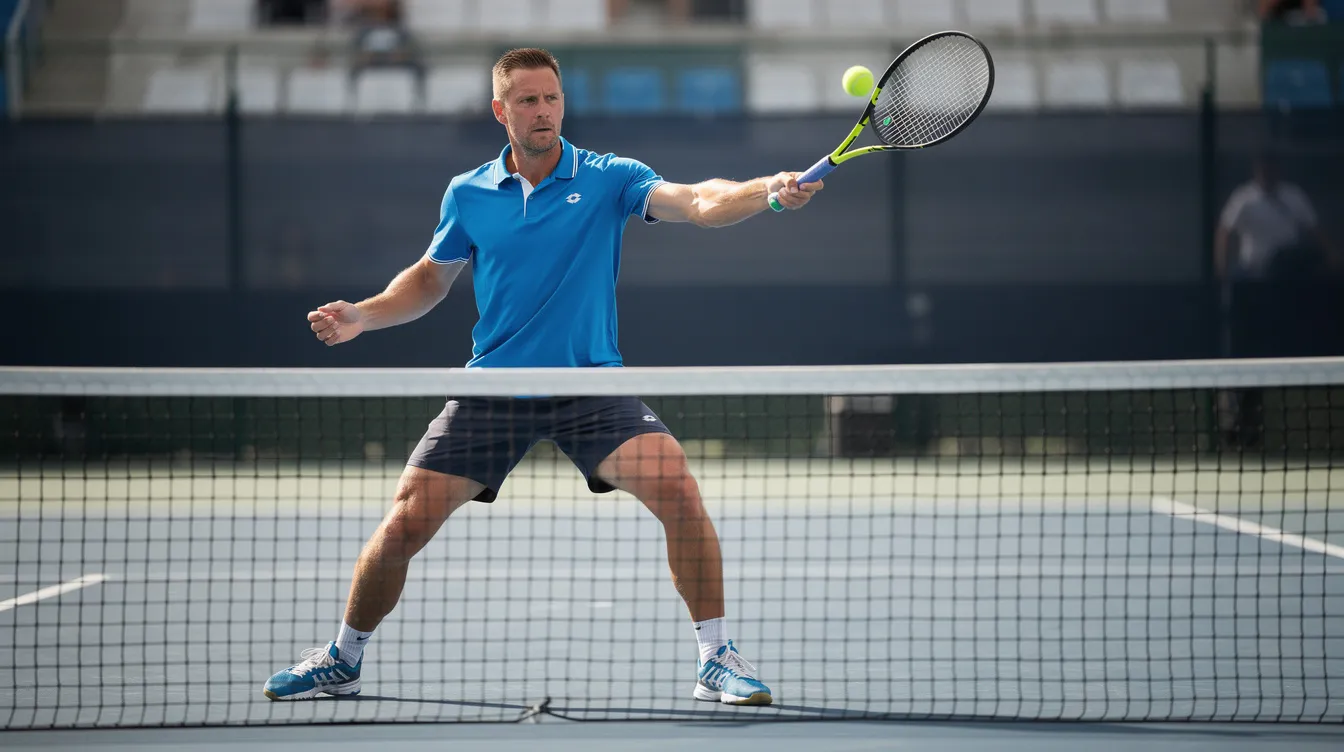 A tennis player is executing a one-handed backhand volley at the net with a compact form, demonstrating good control and technique. The player reacts quickly to an incoming ball, using a continental grip and positioning the racquet head to make contact at the ideal point for a successful volley.