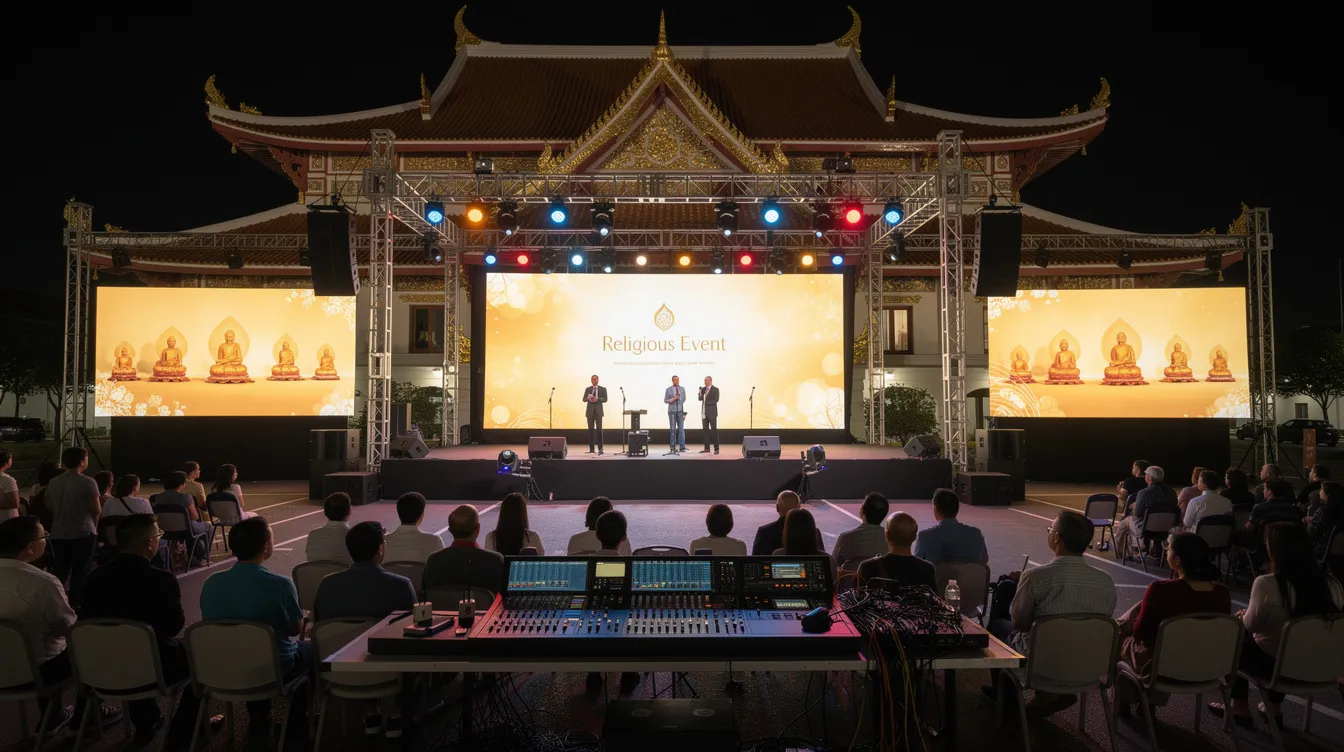 The image depicts a vibrant religious event production setup in a Buddhist temple parking lot, featuring a sound stage equipped with wireless microphones and high-quality sound systems. LED screens and creative lighting design enhance the worship experience, creating an engaging environment for congregational singing and special services.