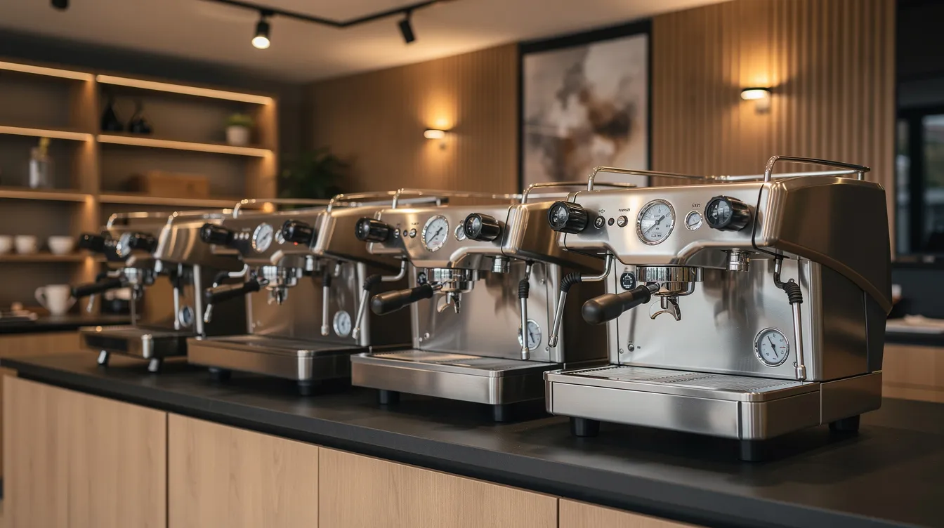 En la imagen se pueden ver varias cafeteras profesionales de diferentes tamaños, cuidadosamente alineadas en un showroom iluminado con luz cálida. Estas máquinas de café, ideales para negocios como cafeterías y restaurantes, destacan por su calidad y diseño, ofreciendo una variedad de opciones para la preparación de espresso y cappuccino.