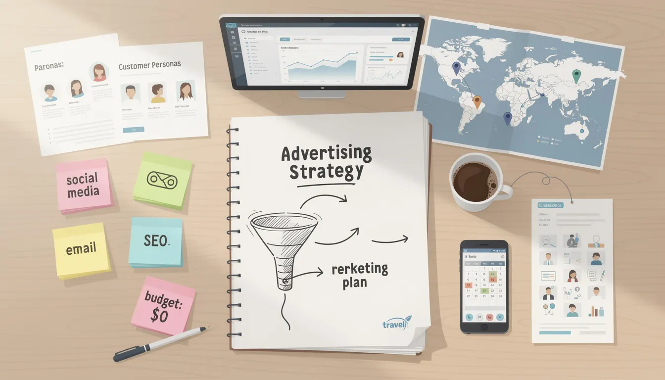 The image depicts a travel agent team brainstorming their advertising strategy, focusing on social media campaigns and content marketing to boost visibility and attract potential customers. They are analyzing keyword research and discussing how to enhance their Google Business Profile to increase bookings and engage their target audience effectively.