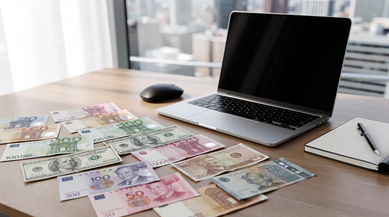 The image shows an office desk with various international currency notes from different countries scattered beside a laptop, symbolizing the concept of international money transfer. This setup highlights the convenience of sending and receiving money across borders, which is essential for services like Bandhan Bank's online banking and money transfer options.