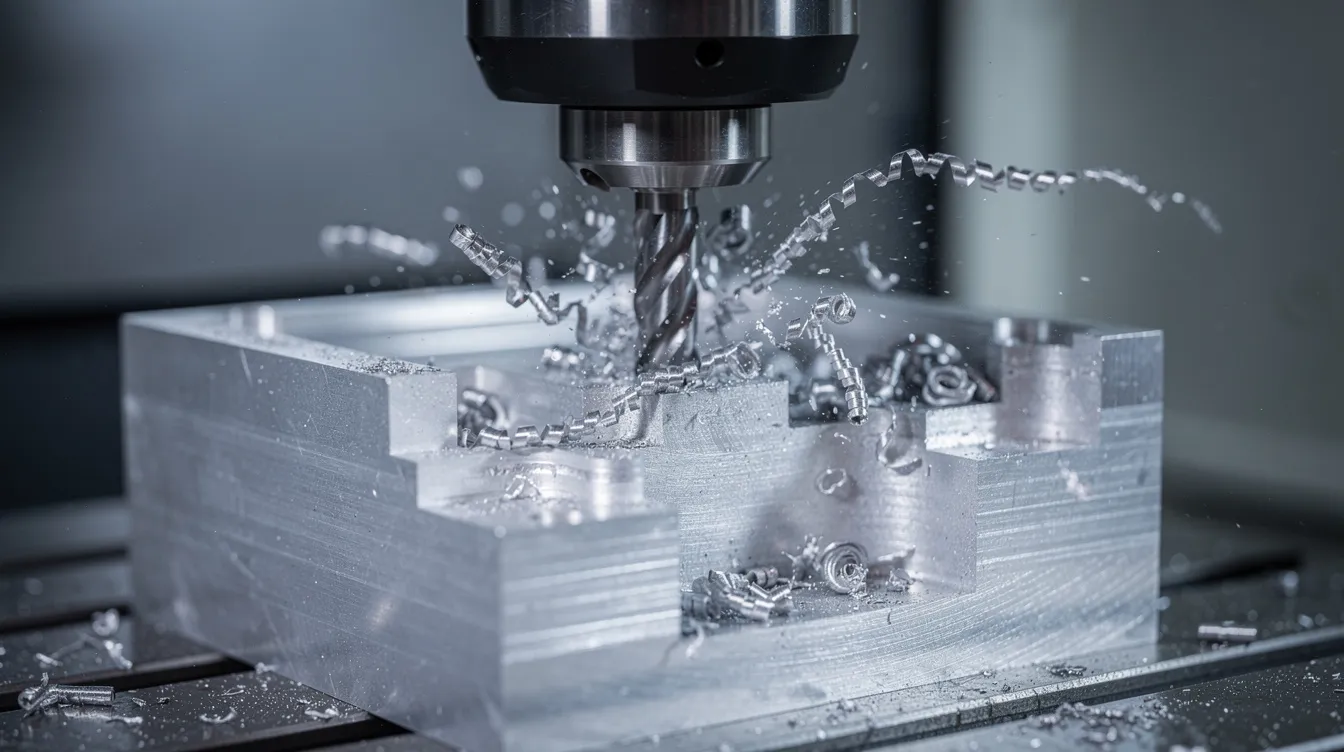 A close-up view of a 5-axis CNC milling machine actively cutting an aluminum block into a precise prototype part, with metal chips flying off during the subtractive manufacturing process. This image highlights the CNC machining process, showcasing the machine's ability to create complex shapes with tight tolerances and high precision.