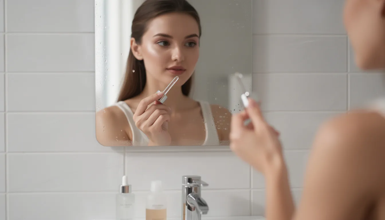 A close-up image shows a woman applying a clear serum to her face while looking into a bathroom mirror, highlighting her focus on skin health and anti-aging benefits. The serum, which may contain bioactive peptides and hyaluronic acid, aims to improve skin elasticity and promote collagen production for a more youthful appearance.