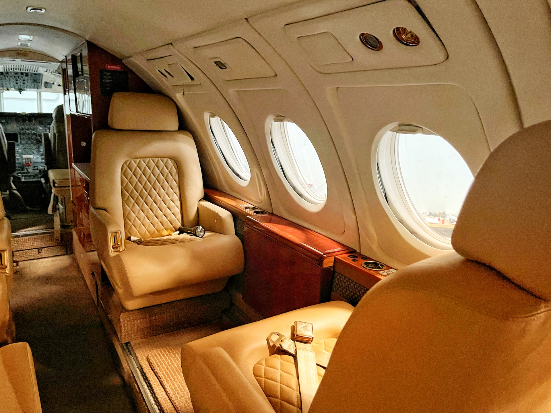 The interior of a private jet.