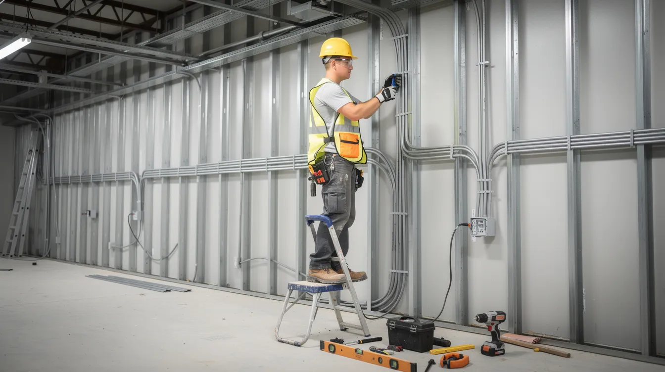 The image shows a young apprentice in safety gear, diligently working on the installation of electrical conduit in a commercial building. This scene highlights the importance of on-the-job training in construction careers, particularly within registered apprenticeship programs that aim to develop qualified workers for the construction industry.