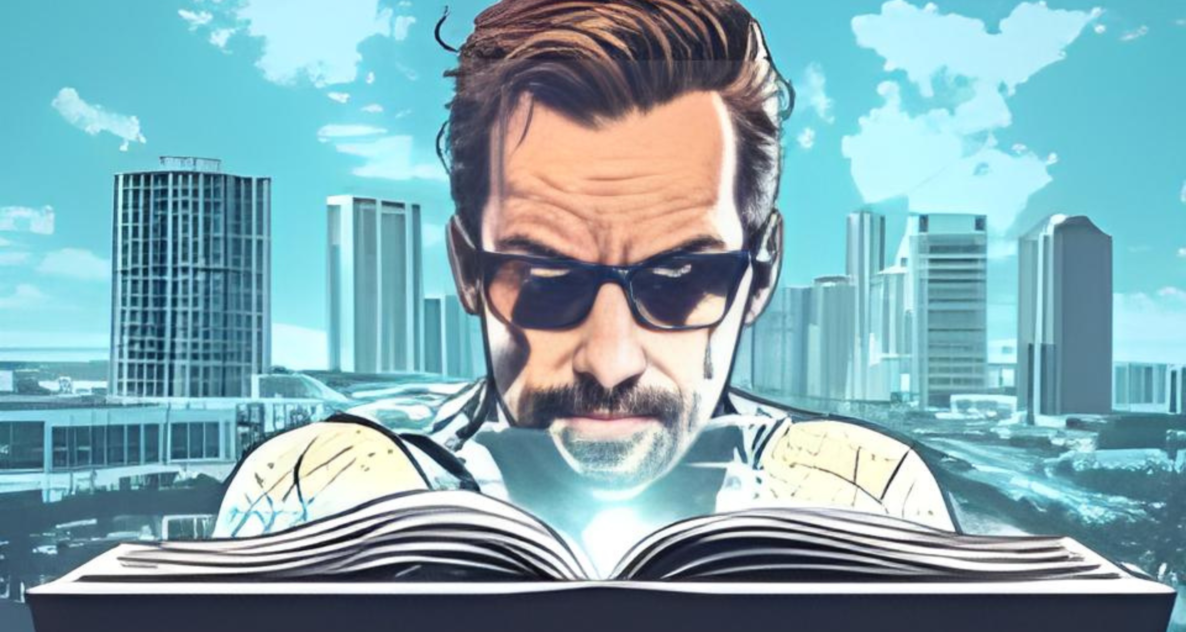 A man wearing sunglasses intensely reading a glowing book, set against a modern cityscape with tall buildings and a blue sky.