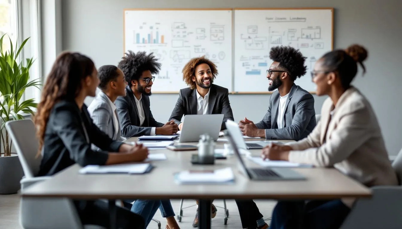 A diverse group of professionals is engaged in a collaborative meeting, showcasing inclusive leadership principles. This scene emphasizes the importance of leadership development programs and the value of diverse perspectives in enhancing team performance and achieving key business priorities.