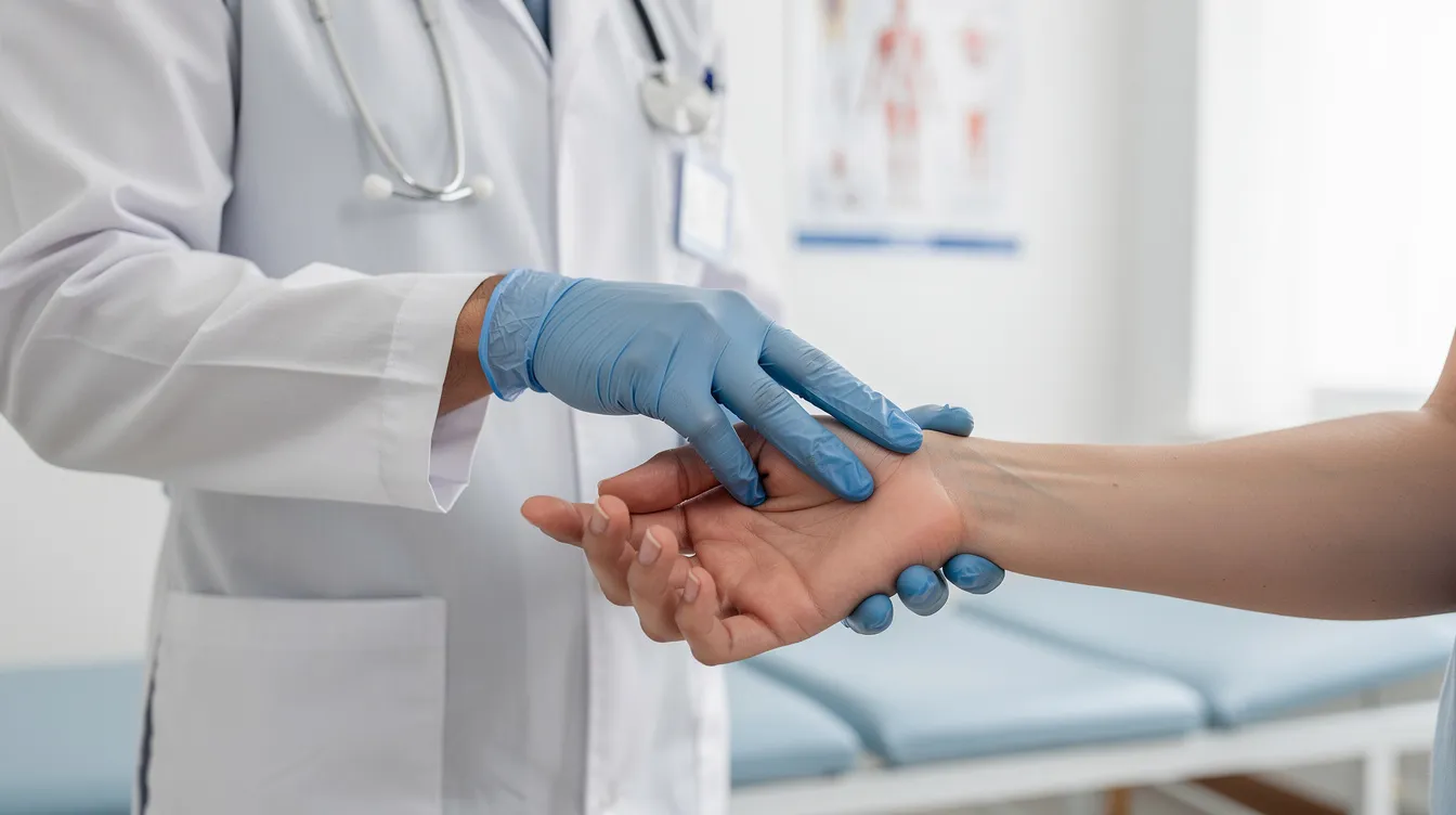 A medical professional is examining a patient's hand and wrist in a clinic, focusing on assessing potential nerve injuries related to workplace accidents. The setting highlights the importance of medical treatment and ongoing pain management for conditions such as carpal tunnel syndrome and other work-related nerve injuries.