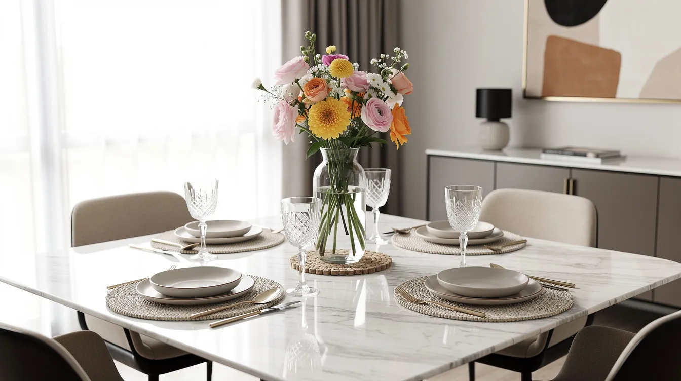 Een stijlvol gedekte marmeren eettafel met onderzetters en placemats, omringd door een moderne inrichting en een vaas met kleurrijke bloemen. De marmeren tafel, die extra bescherming biedt tegen gemorste vloeistoffen, straalt elegantie uit in het interieur.