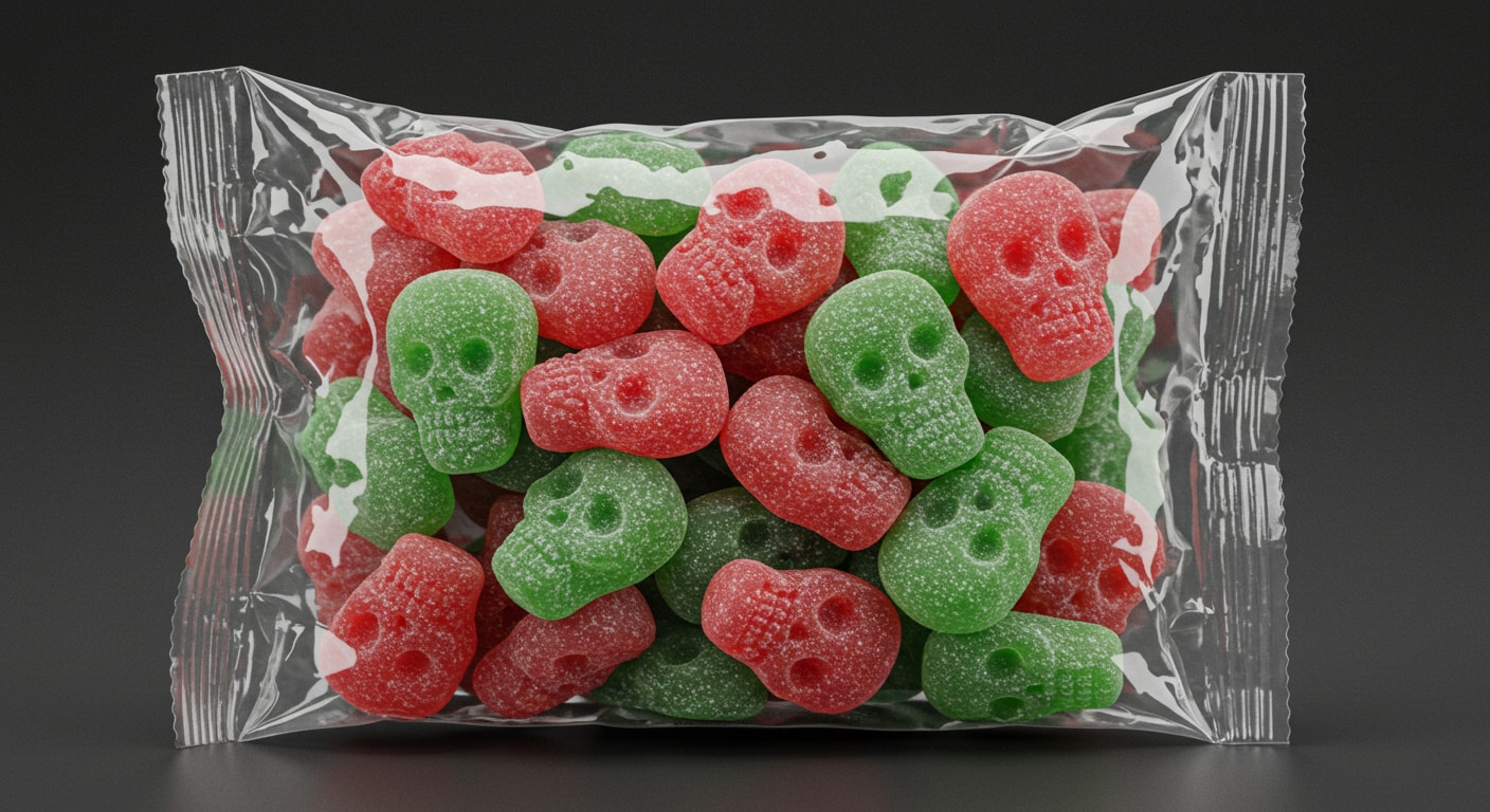 Sour Watermelon Skulls in a clear, transparent pack