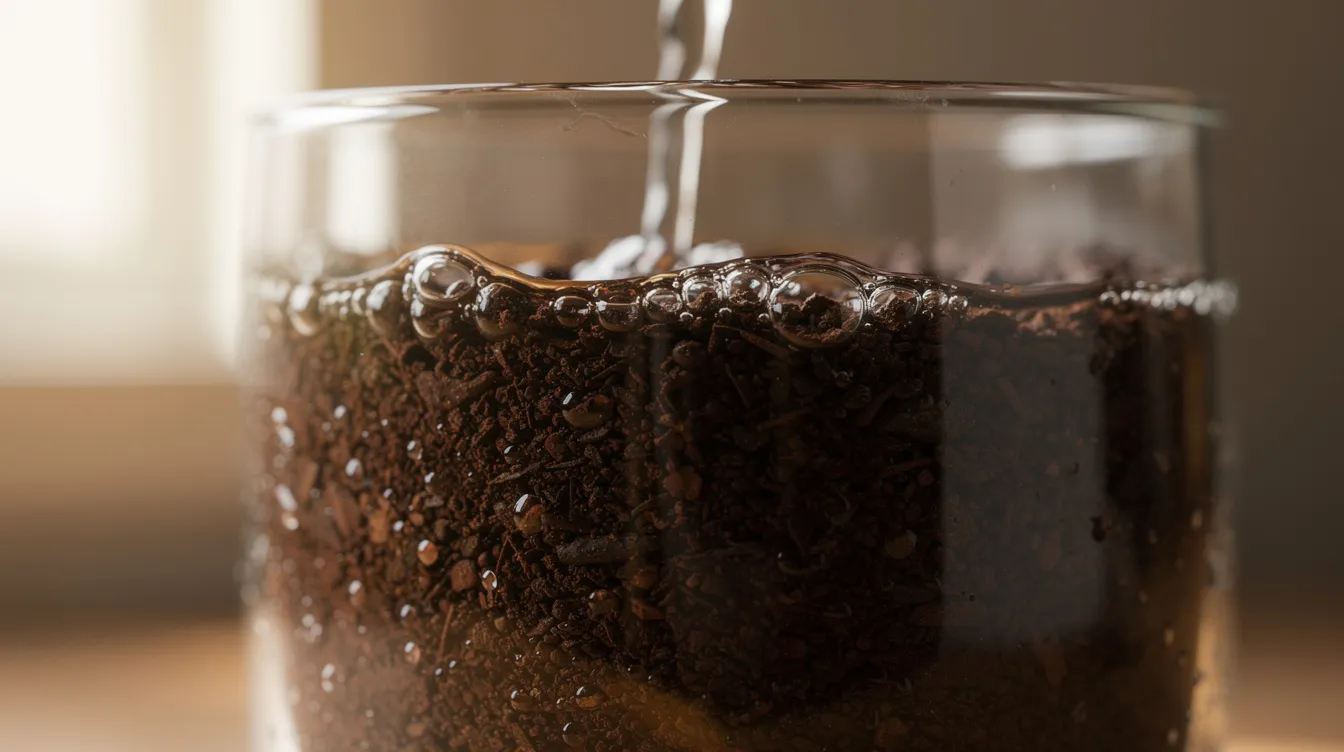 Nahaufnahme von grobem Kaffeepulver in einem Glasgefäß, das mit klarem Wasser übergossen wird, um die Zubereitung von Cold Brew Kaffee zu zeigen. Das Bild verdeutlicht die Mischung von Kaffee und Wasser, die für die Extraktion der Aromen benötigt wird.