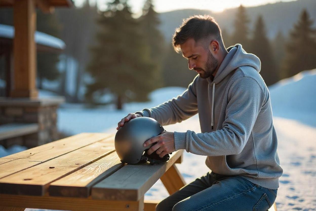 Person cleaning his ski helmet.