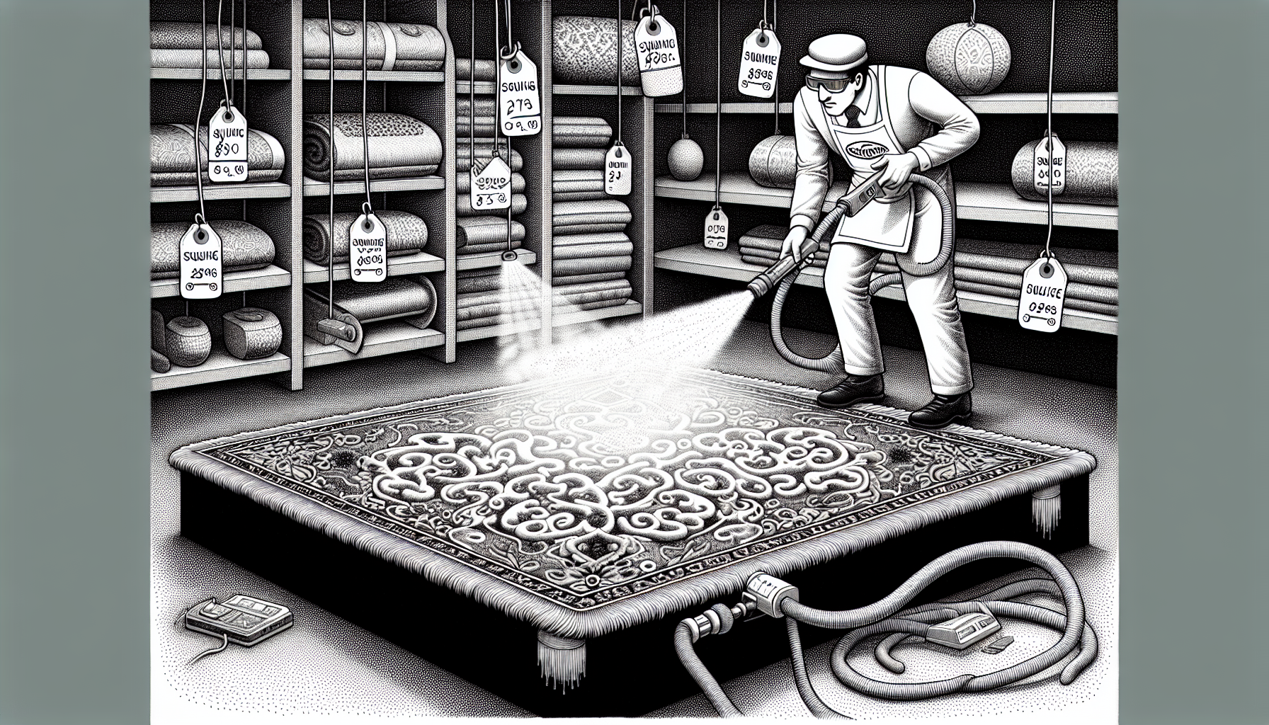 Illustration of a technician applying a special treatment to a carpet