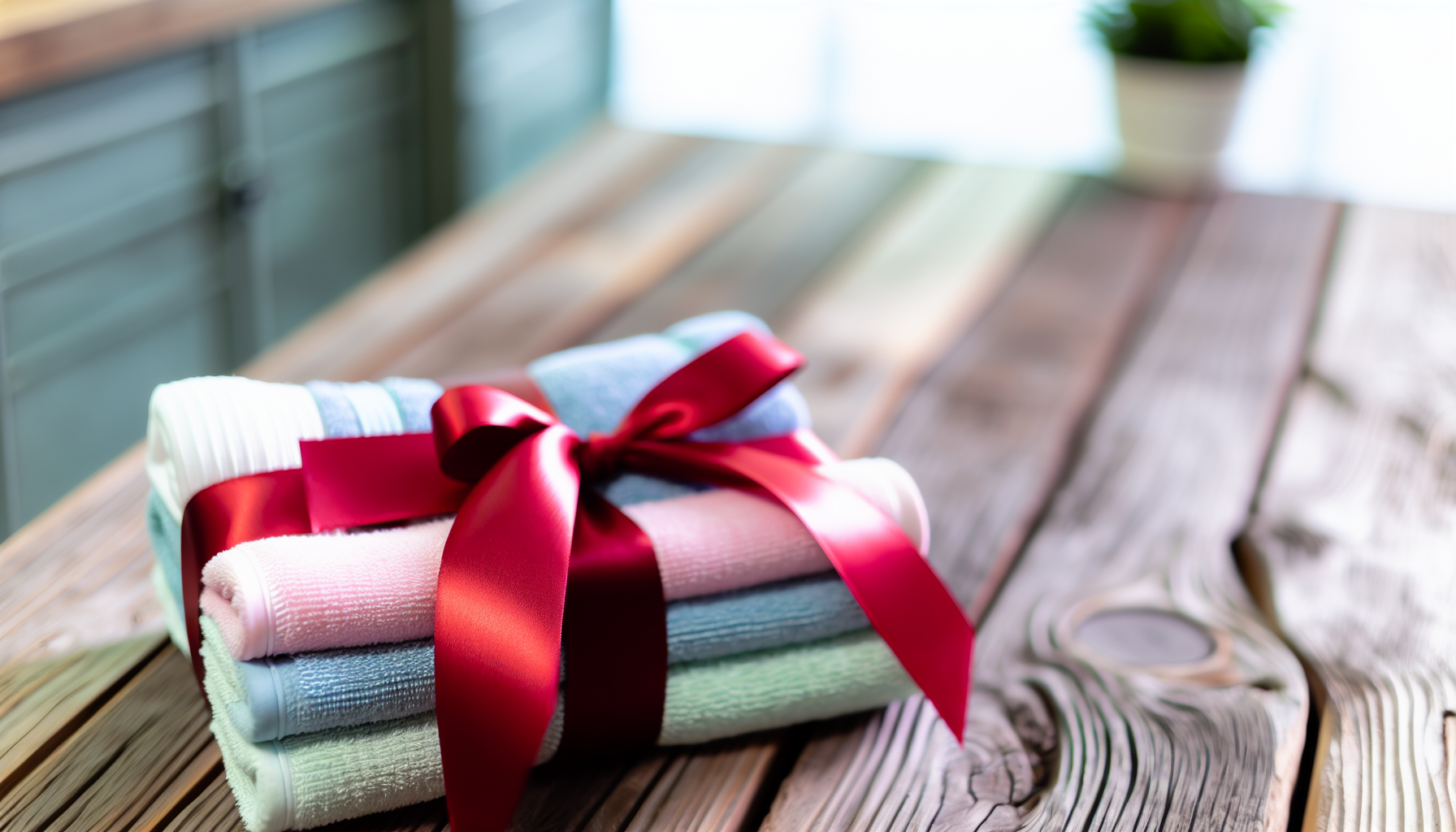 A beautifully wrapped kitchen towel gift set with a ribbon
