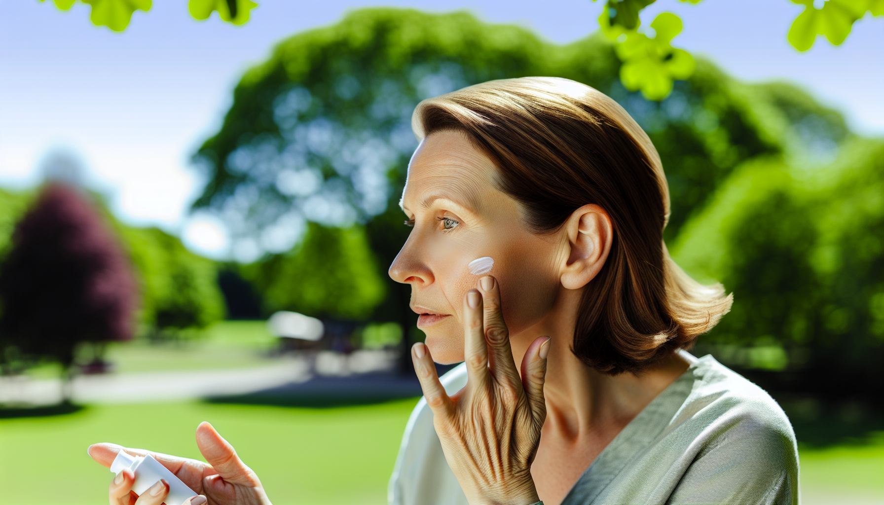 Woman applying sunscreen to protect against dark spots