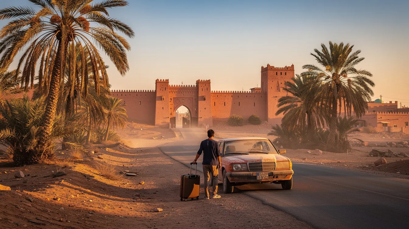 A traveler with a suitcase next to a car, among palm trees and old walls in Morocco.
