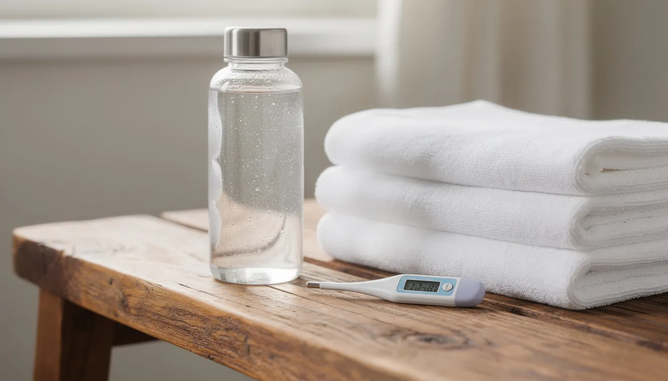 The image features a water bottle, towels, and a thermometer neatly arranged on a wooden bench, suggesting preparation for a sauna session that could enhance recovery after a tough workout. This setup highlights the importance of proper hydration and monitoring body temperature during sauna use for muscle recovery and overall well-being.