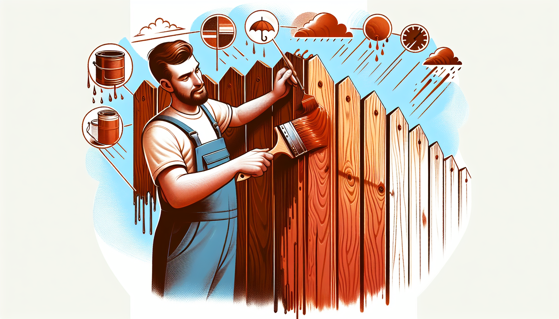 Illustration of a fence being stained to protect it from weather elements