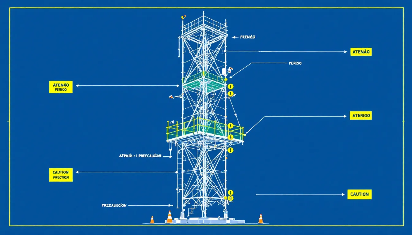 A scaffold tower with visible safety features in place.