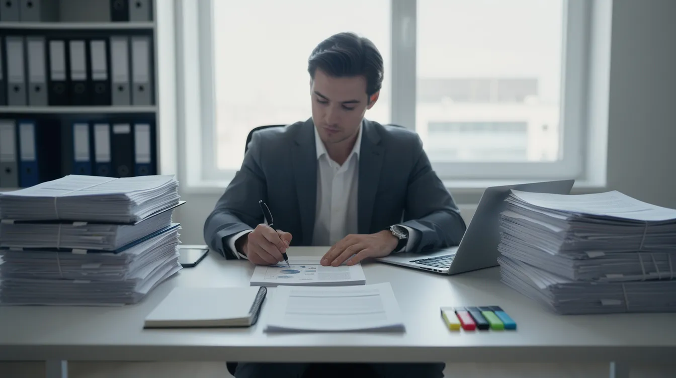 A professional sits at a desk surrounded by stacks of documents and papers, intently reviewing the materials for key findings and insights. The scene captures the essence of document analysis and technical writing, emphasizing the importance of deep research in everyday tasks.