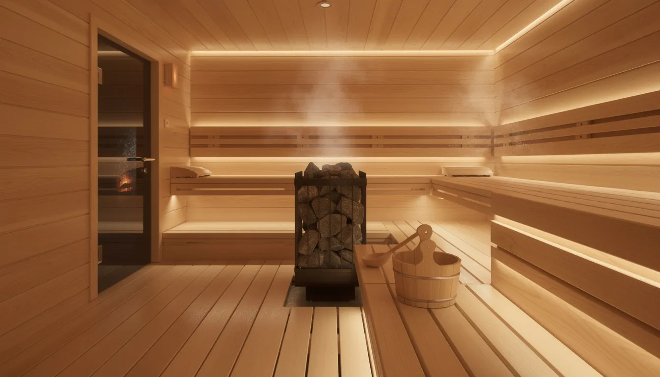The image shows a tranquil sauna illuminated by soft, calming lights, creating a serene atmosphere ideal for relaxation and rejuvenation. This peaceful setting is conducive to practices like cold water immersion, which can offer numerous health benefits, including improved blood circulation and immune system support.
