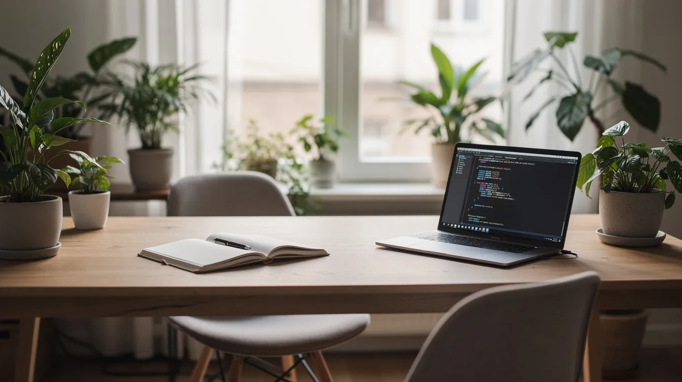 Een rustige werkplek met een laptop, groene planten en een open dagboek, ideaal voor succesvolle ondernemers die waardevolle inzichten willen opdoen en hun eigen onderneming willen laten groeien. Deze inspirerende omgeving nodigt uit tot hard werken en het ontwikkelen van concrete plannen voor een succesvol bedrijf.