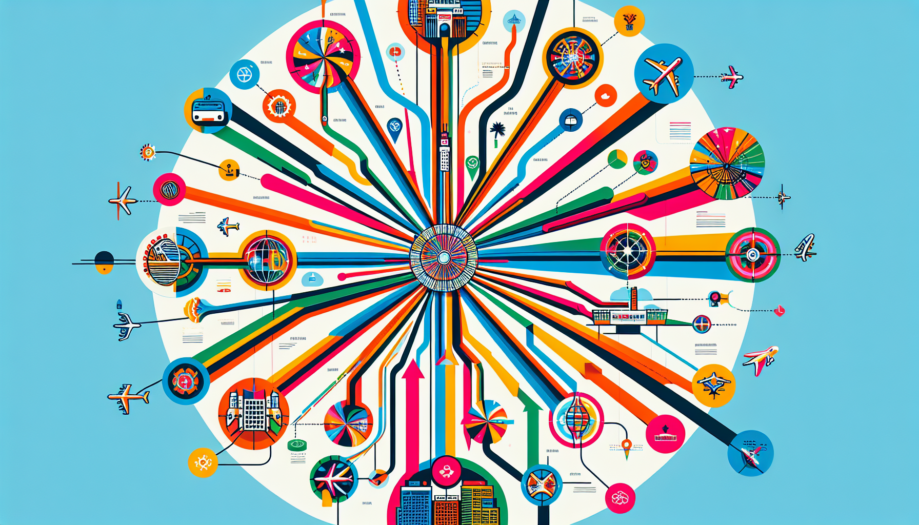 An illustration representing the hub-and-spoke model in aviation along with nonstop flights, inspired by Delta Airlines.