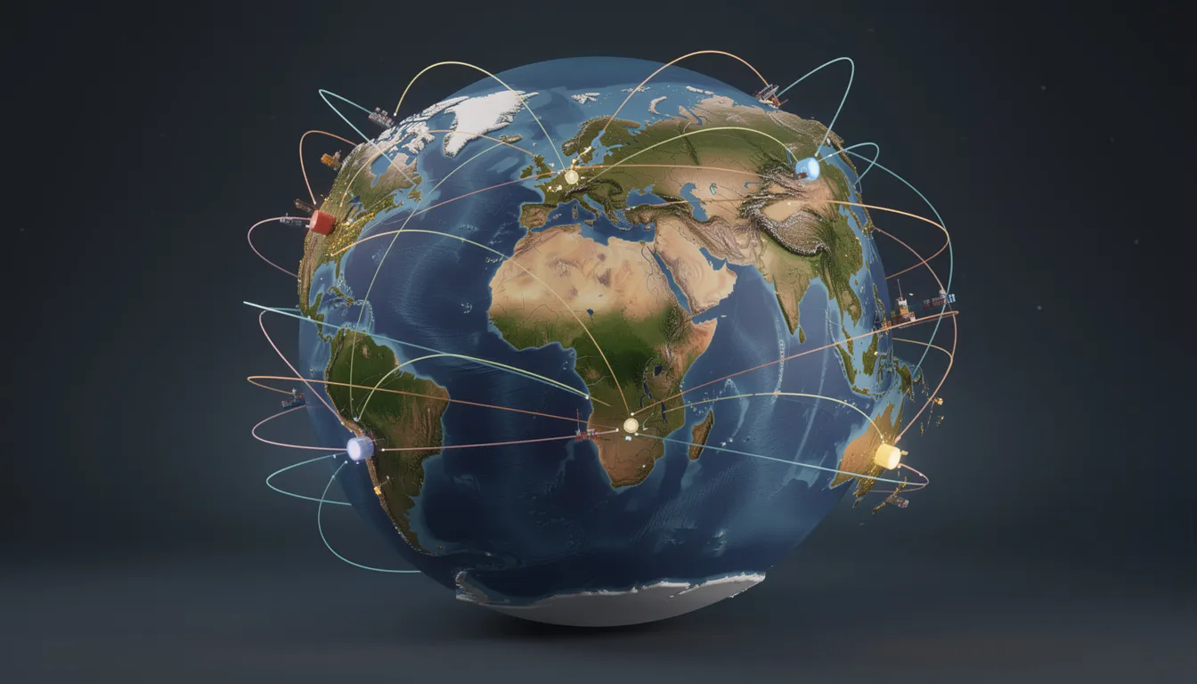 The image depicts a globe showcasing various international shipping routes and connection points, symbolizing the global scale of financial transactions and modern payment systems. These routes illustrate the interconnectedness of countries and the flow of payments online, highlighting the importance of efficient and secure payment methods for businesses and consumers alike.
