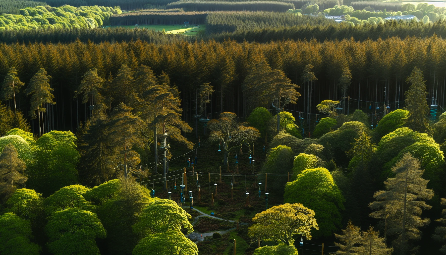 Aerial view of treetop adventures and art installations in Grizedale Forest