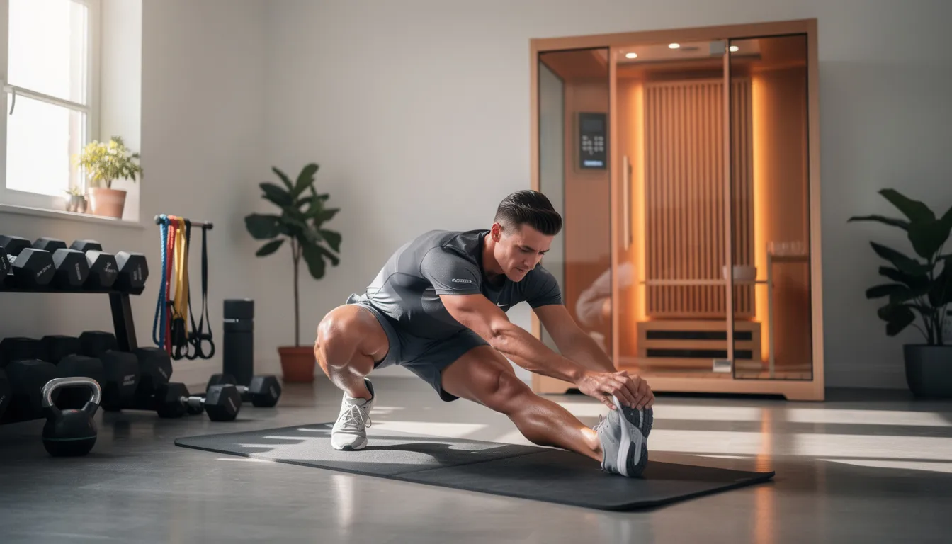 An athlete is stretching in a home gym, with an infrared sauna visible in the background, highlighting the trend of infrared sauna therapy for enhancing both physical and mental health. The sauna, known for its benefits such as improved circulation and pain relief, offers a space for deep relaxation and wellness.