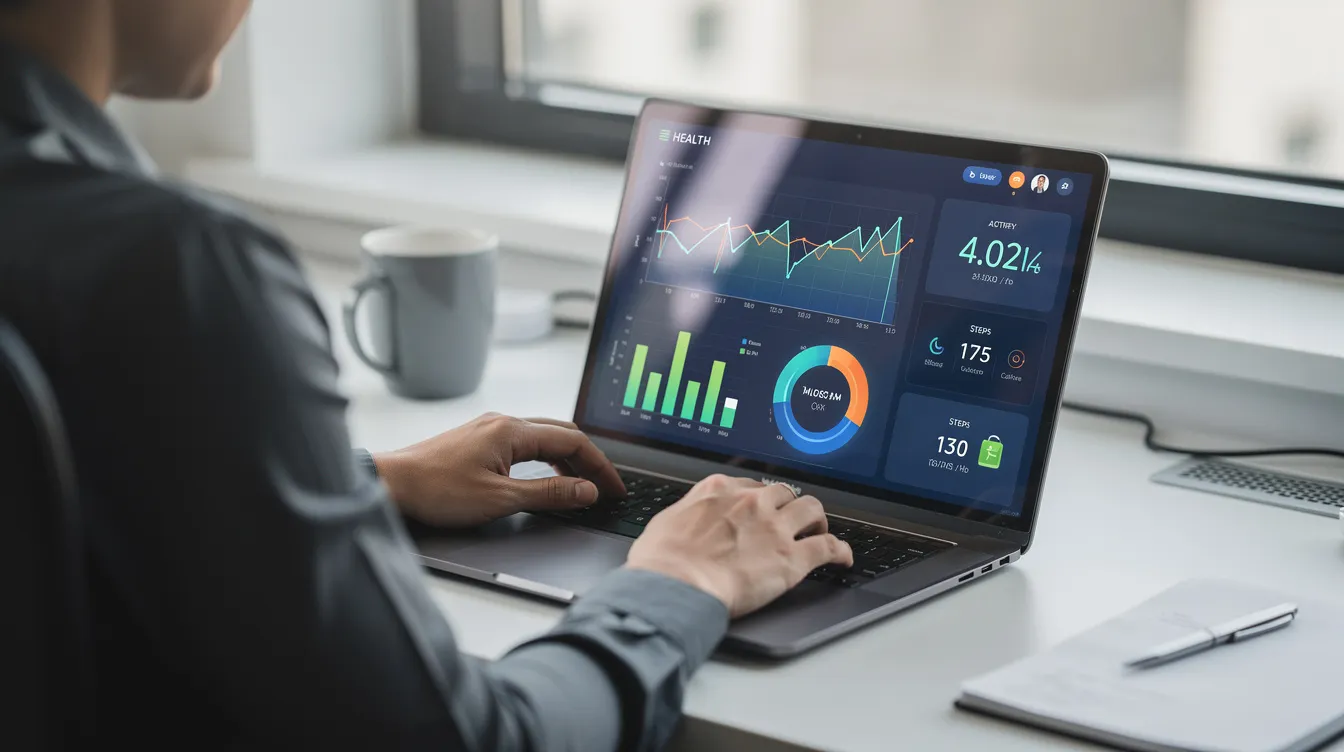 The image shows a person focused on a laptop displaying various graphs and health data visualizations, including metrics that may relate to biological age, lifestyle factors, and overall well-being. This setup suggests an analysis of health status and aging processes, potentially using a biological age calculator to estimate the impact of lifestyle habits on longevity.