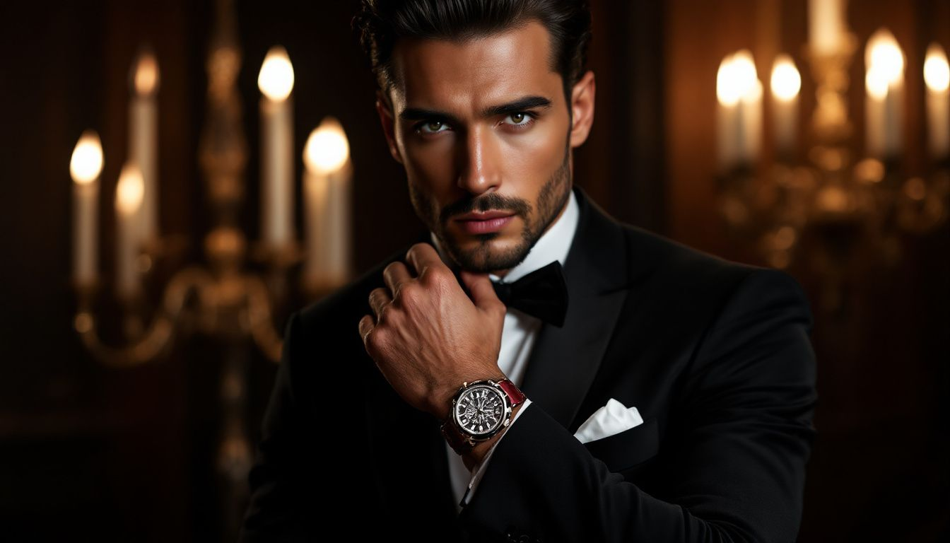 A fashionable individual wearing a burgundy watch strap.