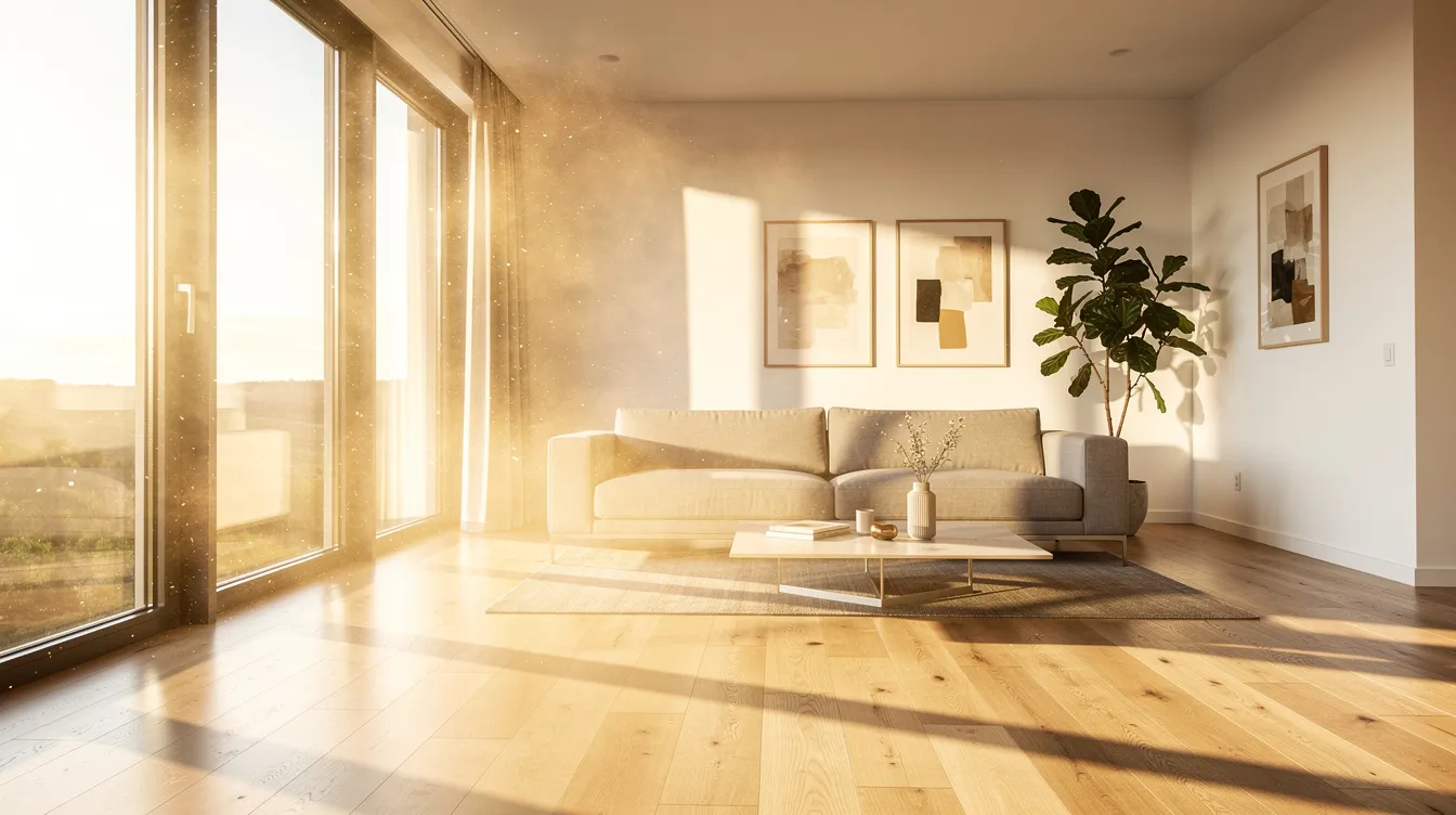 Sunlight streams through large windows in a modern living room, creating a warm ambiance while a visible heat haze near the glass suggests the need for energy-efficient solutions like window film. This scene highlights the importance of sun control and UV protection, making it ideal for Dallas property owners looking to enhance both comfort and aesthetics in their homes.