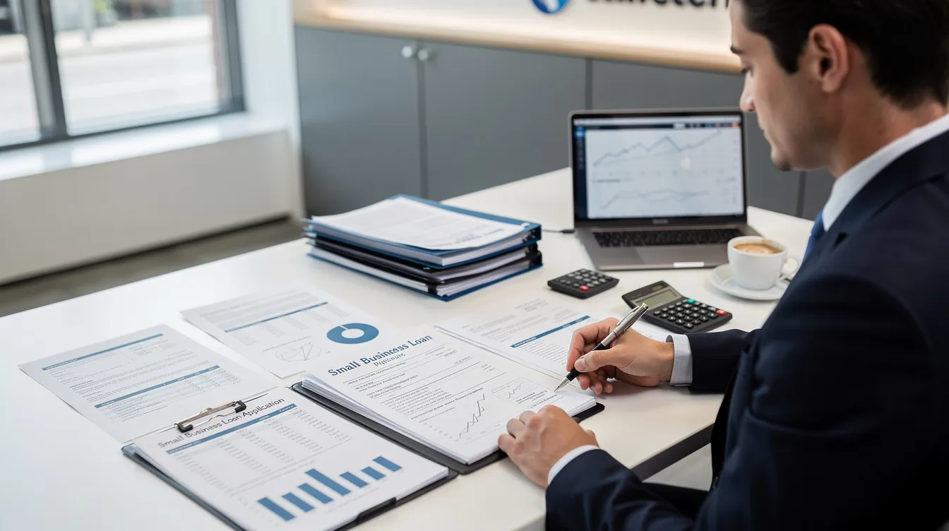 52a503e5 71f9 46f9 b35f 57c610d220f2 A bank officer is seated at a desk, reviewing a small business loan file, with various documents related to micro and small businesses spread out in front of them. The scene highlights the process of evaluating business loan applications, which may include details like business registration, income generating activities, and eligibility for mudra loans under the Pradhan Mantri Mudra Yojana.