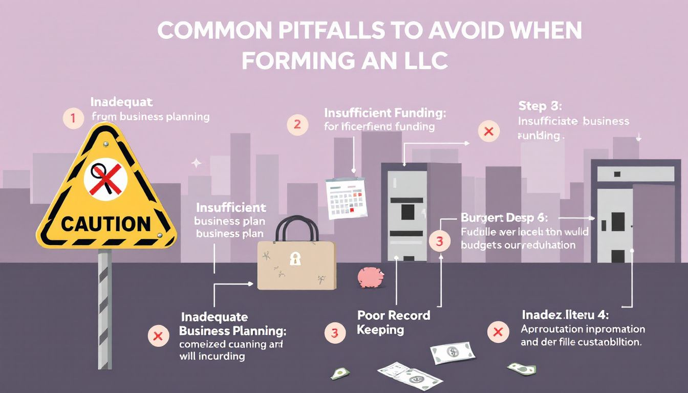 Common pitfalls to avoid when forming an LLC, depicted with caution signs.