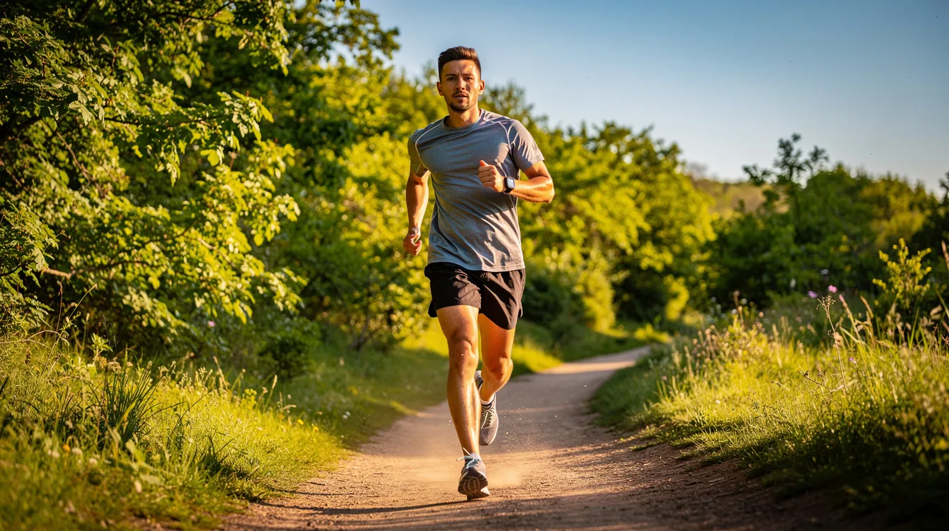 A fit person is jogging along a sunny trail, surrounded by lush greenery, embodying a healthy lifestyle and an intense workout. This scene highlights the importance of regular exercise in reducing unwanted fat and building muscle mass for body contouring.