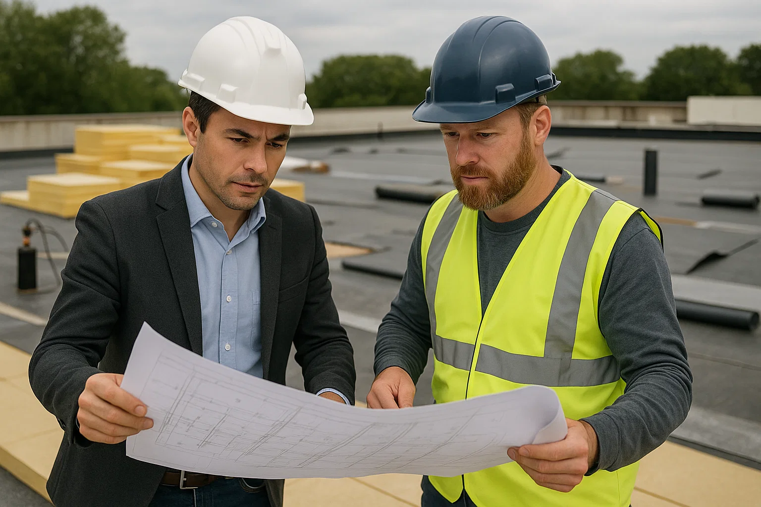 Roofing contractor and architect discussing flat roof design and material options on-site.