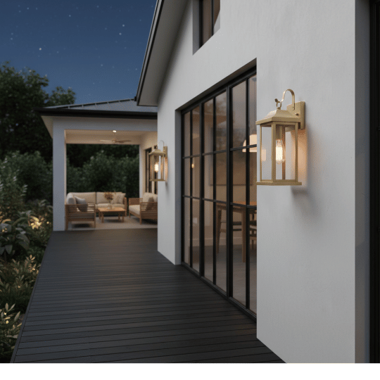 Outdoor wall lantern light fixtures mounted along deck walkway.