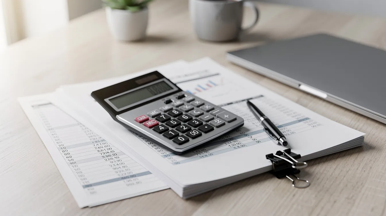 The image shows a calculator alongside various financial documents spread out on a desk, suggesting a focus on managing finances related to social security disability benefits and federal employees retirement system options. This setup may indicate someone calculating their eligibility for disability retirement or preparing a disability claim.