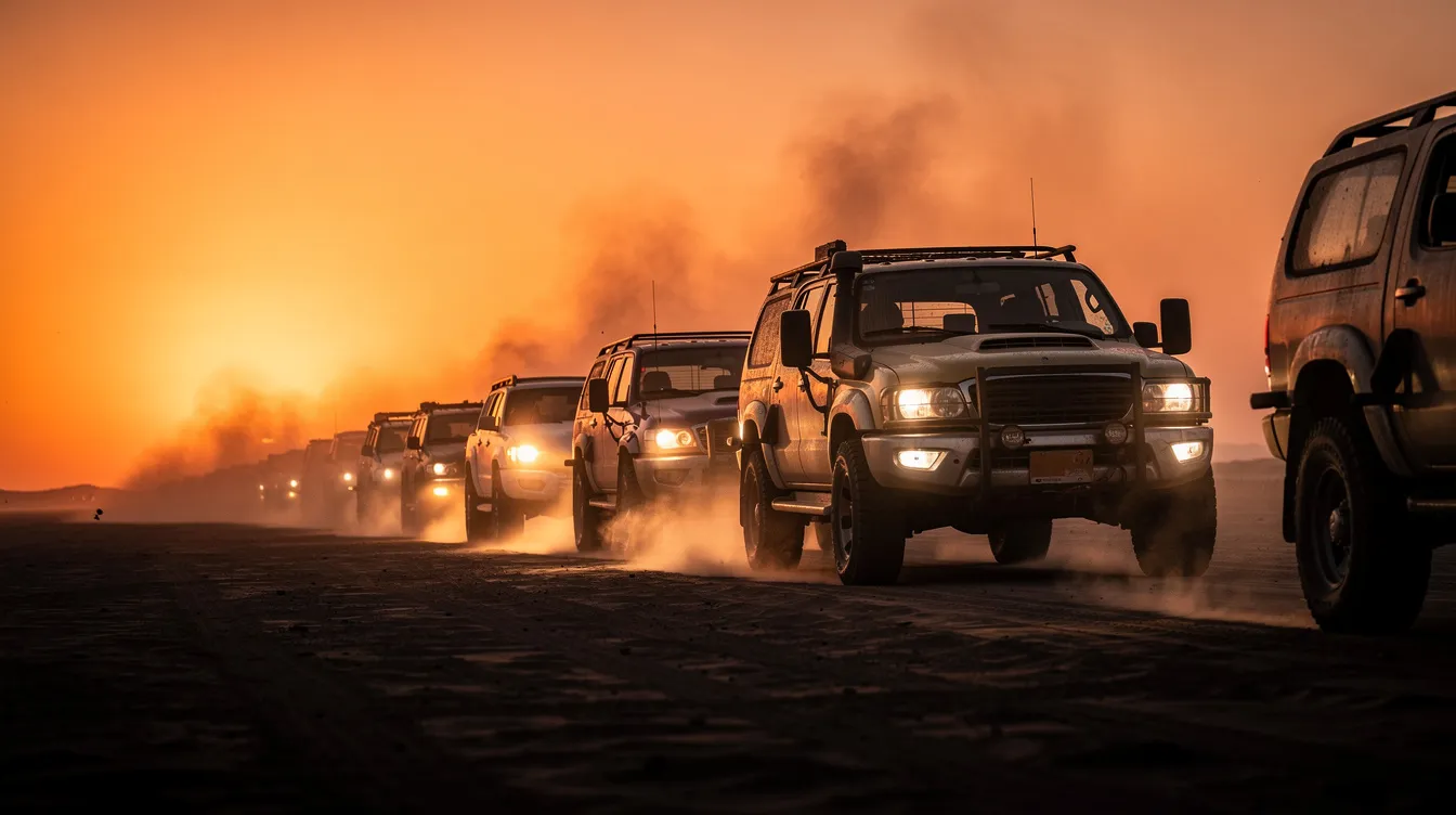 Eine Fahrzeugkolonne fährt durch eine staubige Wüste unter einem intensiv orangefarbenen Abendhimmel, während metallische Reflexionen auf den Autos blitzen. Diese Szene erinnert an die actionreiche Atmosphäre von "Mad Max: Fury Road", in der die Protagonisten um ihr Überleben kämpfen.