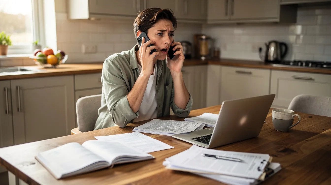 The image shows a person seated at a kitchen table, engaged in a phone conversation while surrounded by documents and a laptop, suggesting they might be discussing details related to a personal injury claim or seeking legal advice from an injury attorney. The scene conveys a sense of organization and focus, possibly indicating the preparation for a free consultation regarding a personal injury case.