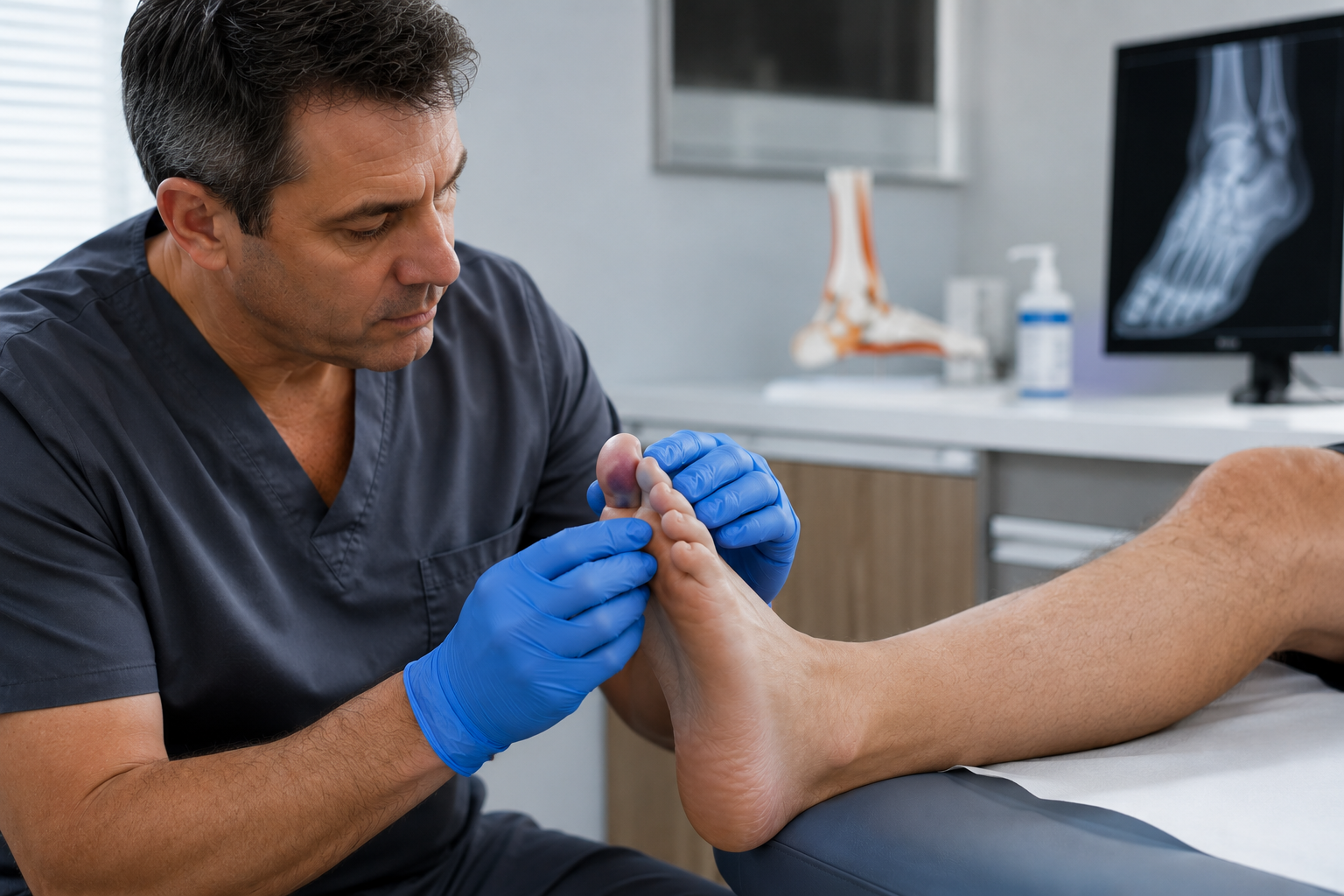 Foot specialist examining a bruised toe injury during a clinic visit
