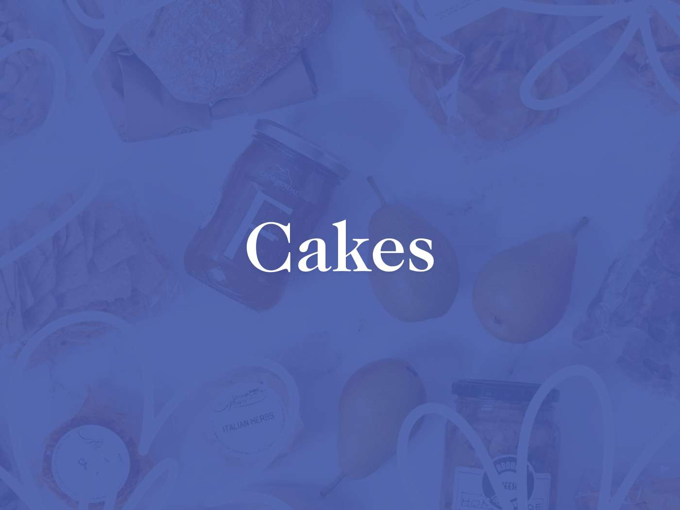 Subtle blue collage background with a central overlay text 'Cakes', suggesting a theme of bakery delights complemented by the range at Fabulous Flowers and Gifts.