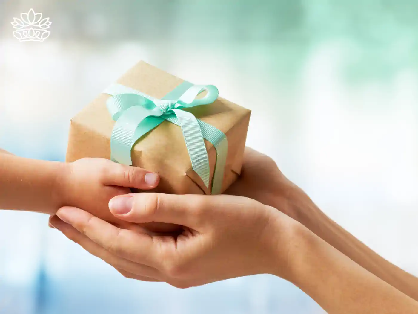 Two hands exchanging a beautifully wrapped gift box with a delicate teal ribbon, symbolizing appreciation and care in gift-giving. Teachers & Educators Gift Boxes. Delivered with Heart. Fabulous Flowers and Gifts
